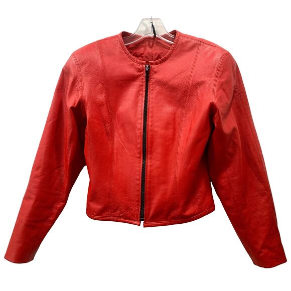 Vintage Red Leather Jacket Cropped 80s 90s CHIA Shoulder Pads | S - Picture 5 of 10